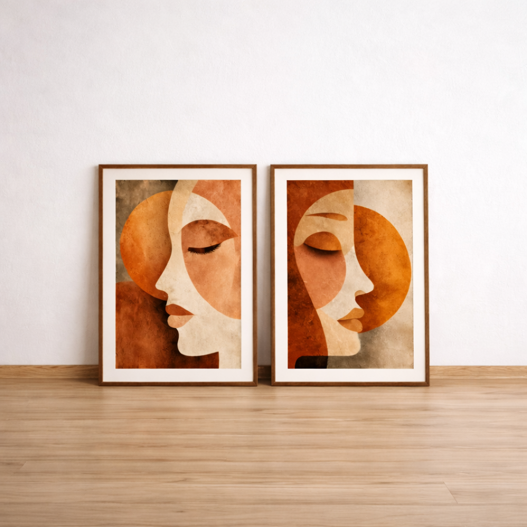 Set of 2 Minimalist Abstract Face Prints - Earth Tone Boho Wall Art Bundle