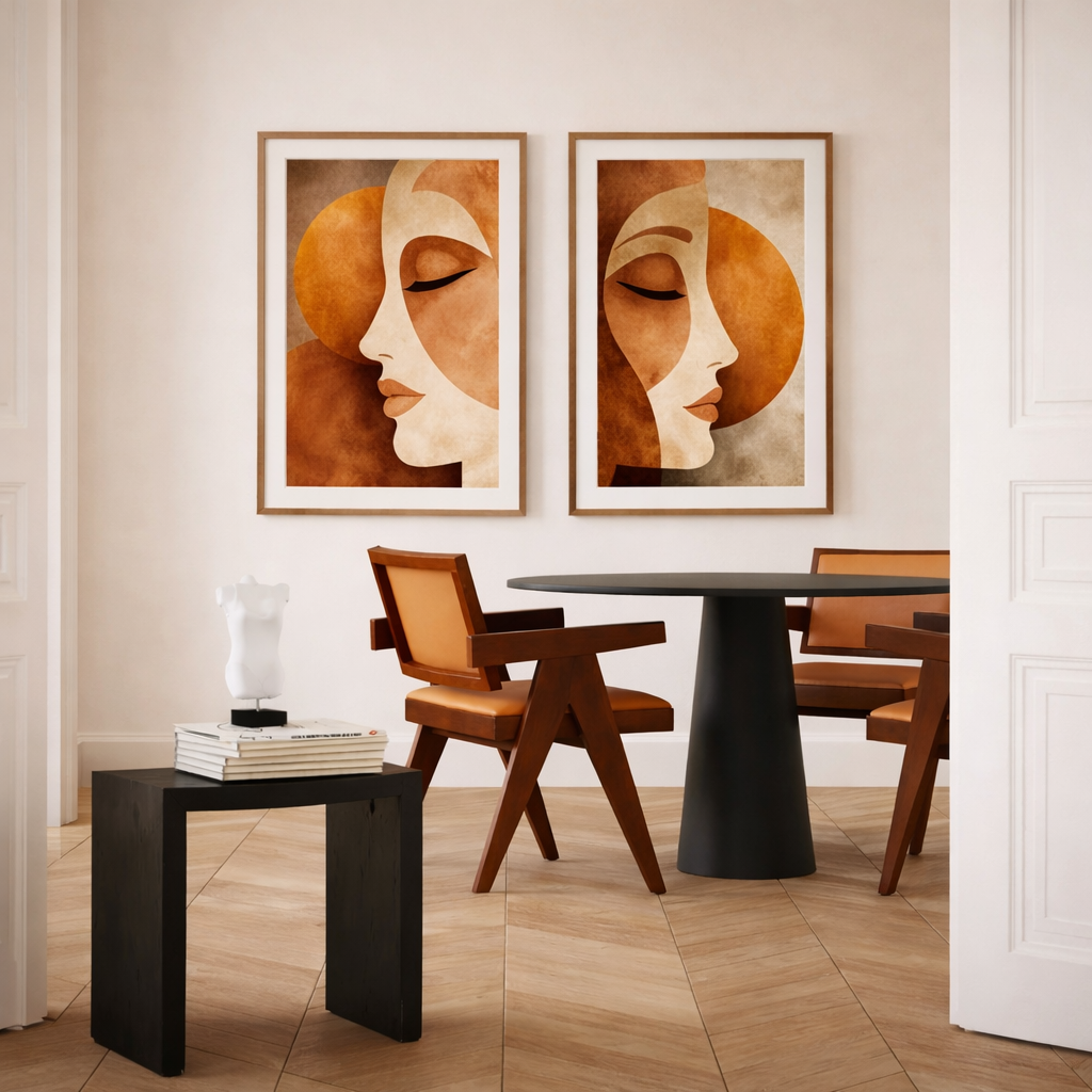 Set of 2 Minimalist Abstract Face Prints - Earth Tone Boho Wall Art Bundle