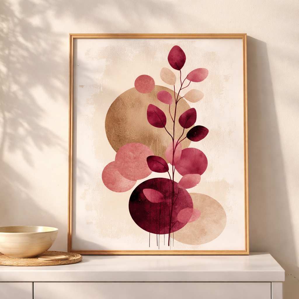 Crimson Leaves | Abstract Botanical Gold & Burgundy Art