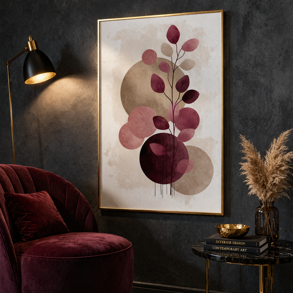 Crimson Leaves | Abstract Botanical Gold & Burgundy Art