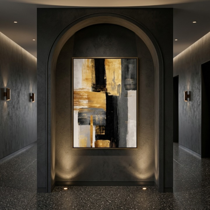 Executive Gold & Charcoal Abstract Brushstroke Art - Modern Luxury Texture Digital Print