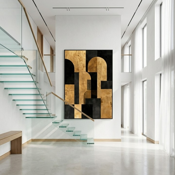 Modern Deconstructed Luxury Arch - Gold Leaf & Charcoal Geometric Abstract Art Print