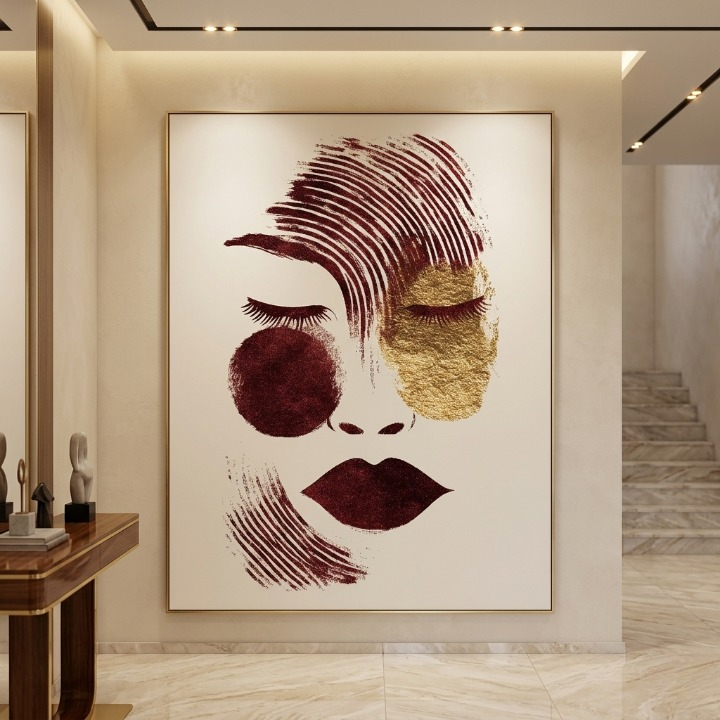 Abstract Face Line Art | Modern Burgundy & Gold Foil Wall Art