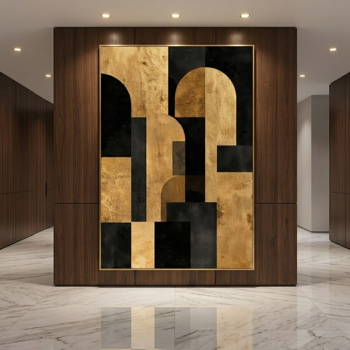 Modern Deconstructed Luxury Arch - Gold Leaf & Charcoal Geometric Abstract Art Print