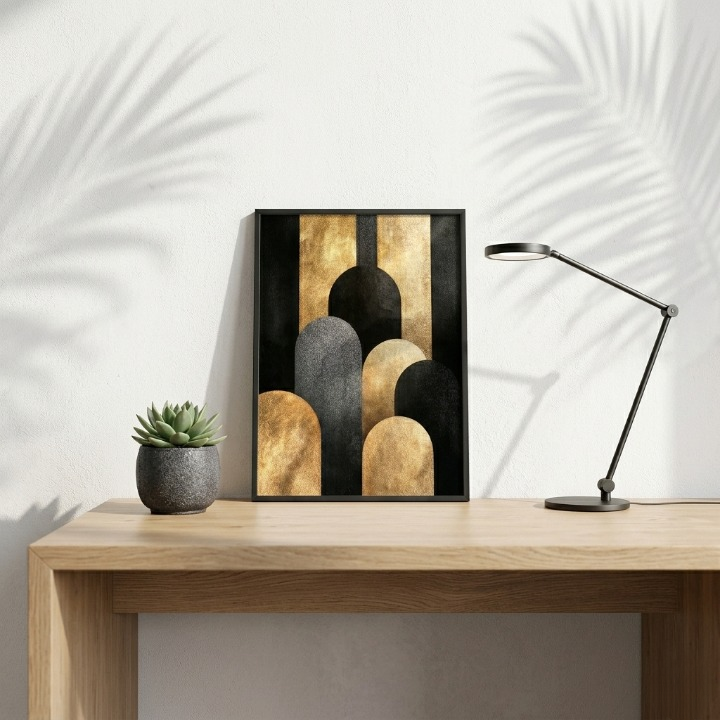 Modern Luxury Gold & Black Arch Abstract - Textured Geometric Digital Art Print