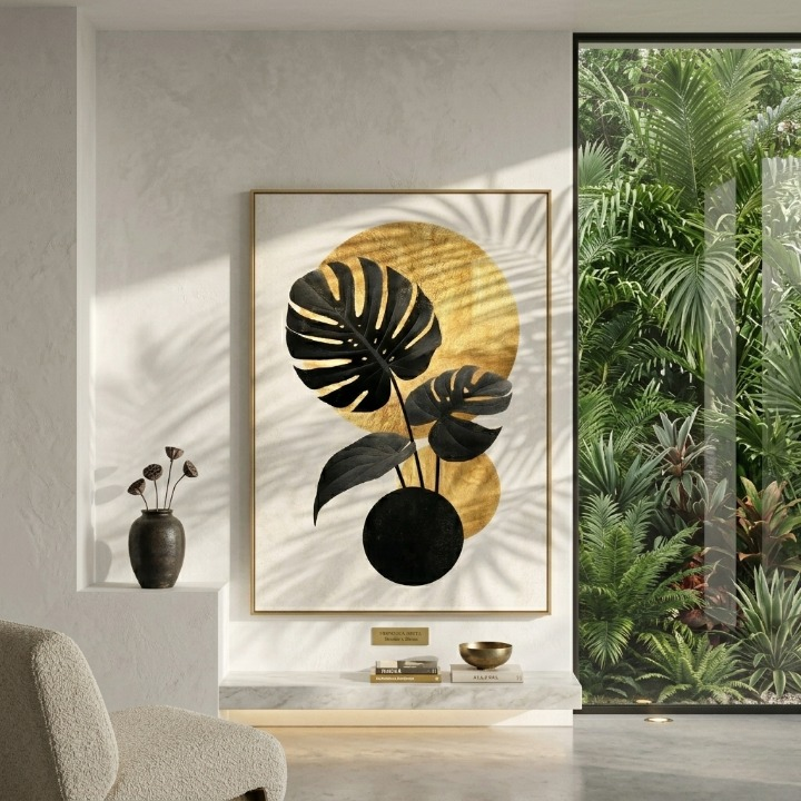 Luxury Monstera Gold Leaf Art - Modern Tropical Botanical Abstract Digital Print