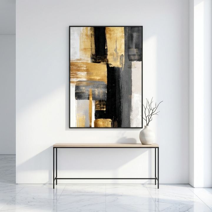 Executive Gold & Charcoal Abstract Brushstroke Art - Modern Luxury Texture Digital Print
