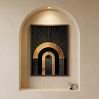 Celestial Sun Arch Abstract Art - Luxury Gold Foil & Charcoal Geometric Digital Print