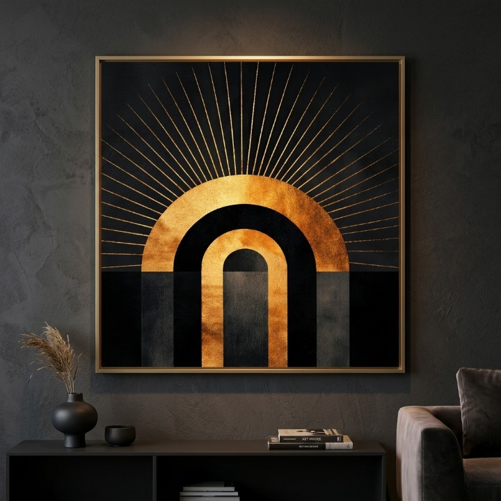 Celestial Sun Arch Abstract Art - Luxury Gold Foil & Charcoal Geometric Digital Print