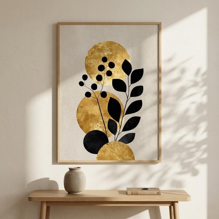 Luxury Golden Sun & Black Botanical - Minimalist Gold Foil Floral Digital Print