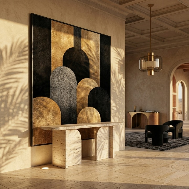 Modern Luxury Gold & Black Arch Abstract - Textured Geometric Digital Art Print