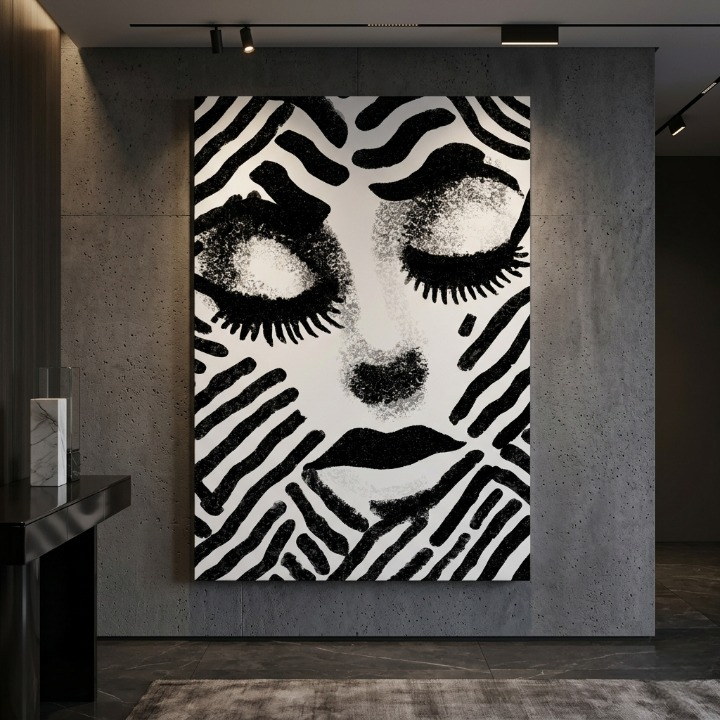 Avant-Garde Minimalist Woman Portrait - Textured Stipple & Line Art Digital Print