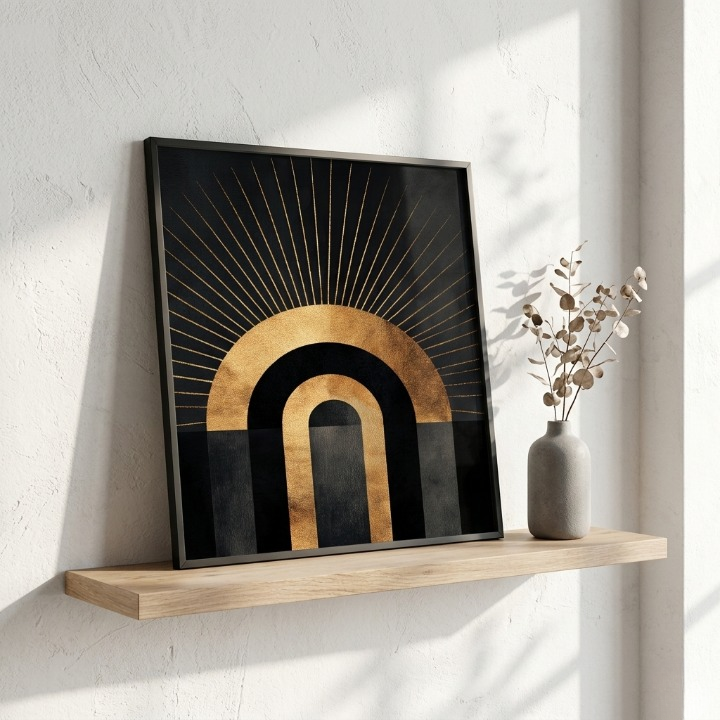Celestial Sun Arch Abstract Art - Luxury Gold Foil & Charcoal Geometric Digital Print