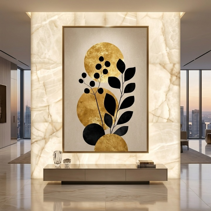 Luxury Golden Sun & Black Botanical - Minimalist Gold Foil Floral Digital Print