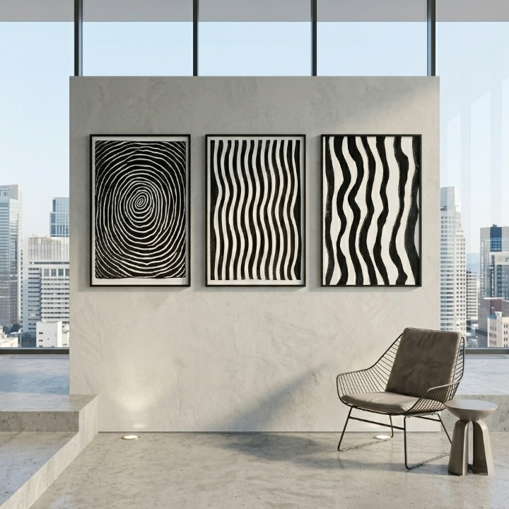 Modern Minimalist Abstract Line Art Collection - Set of 3 Black and White Digital Prints