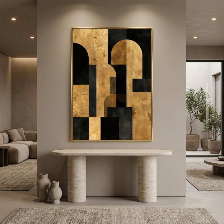 Modern Deconstructed Luxury Arch - Gold Leaf & Charcoal Geometric Abstract Art Print
