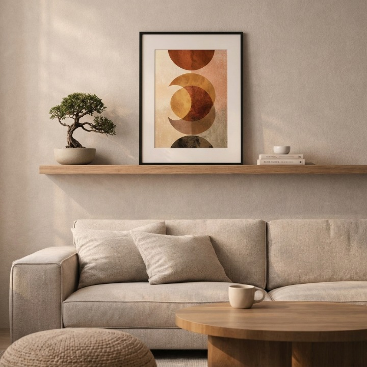 Mid-Century Modern Abstract Wall Art - Earth Tone Geometric Sun & Moon