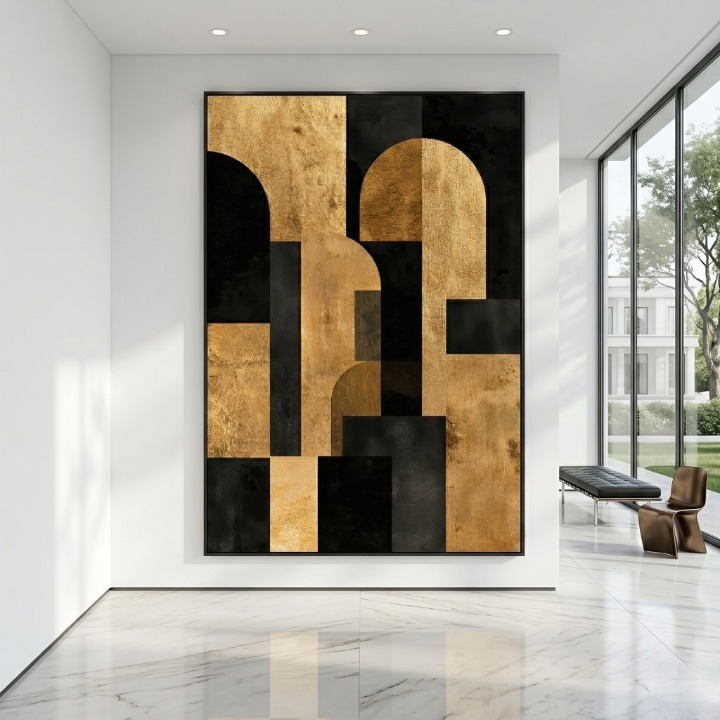 Modern Deconstructed Luxury Arch - Gold Leaf & Charcoal Geometric Abstract Art Print