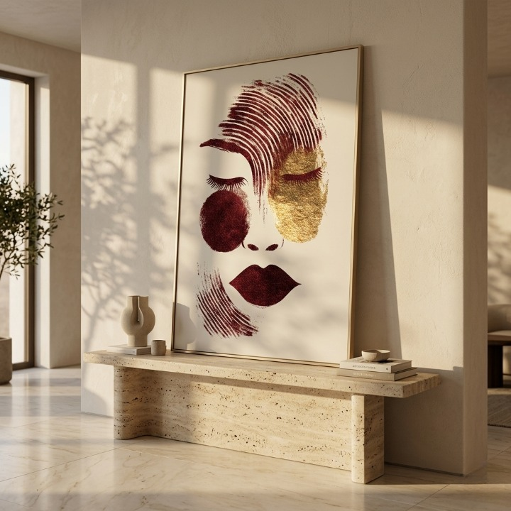 Abstract Face Line Art | Modern Burgundy & Gold Foil Wall Art