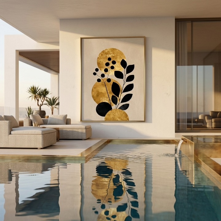 Luxury Golden Sun & Black Botanical - Minimalist Gold Foil Floral Digital Print