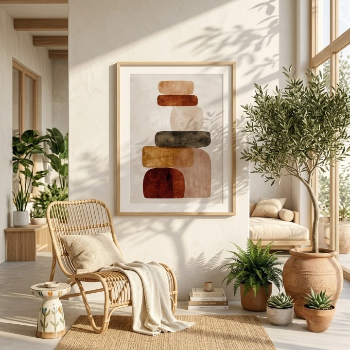 Modern Boho Abstract Shapes Wall Art | Earthy Terracotta Digital Print | Minimalist Zen Stone Art