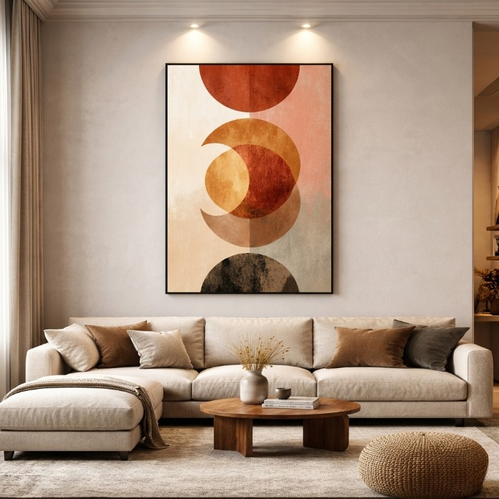 Mid-Century Modern Abstract Wall Art - Earth Tone Geometric Sun & Moon