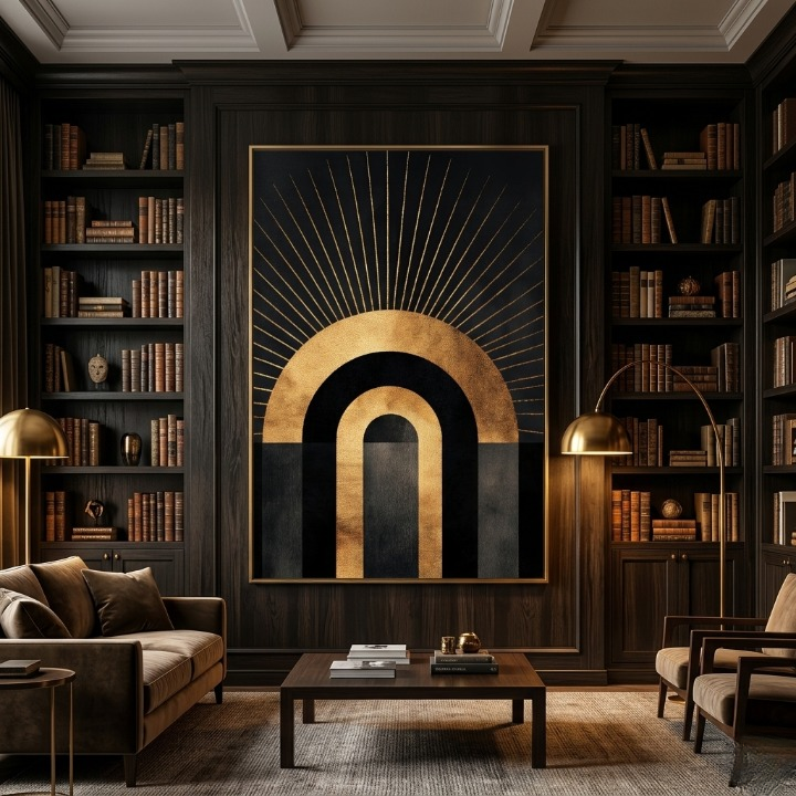 Celestial Sun Arch Abstract Art - Luxury Gold Foil & Charcoal Geometric Digital Print