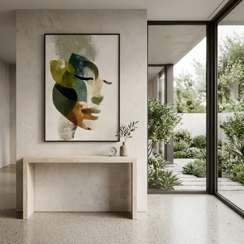 Abstract Botanical Female Portrait - Modern Sage Green & Earthy Tones Digital Wall Art