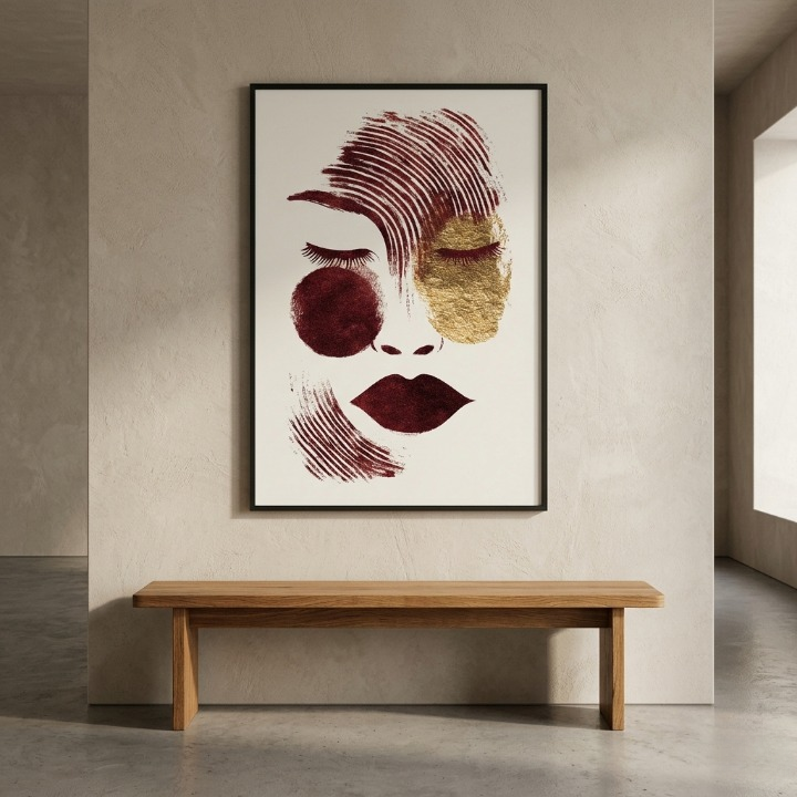 Abstract Face Line Art | Modern Burgundy & Gold Foil Wall Art