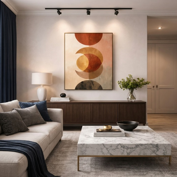 Mid-Century Modern Abstract Wall Art - Earth Tone Geometric Sun & Moon
