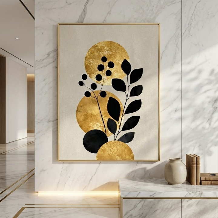 Luxury Golden Sun & Black Botanical - Minimalist Gold Foil Floral Digital Print