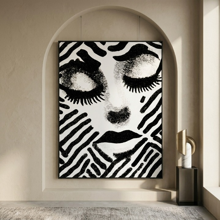 Avant-Garde Minimalist Woman Portrait - Textured Stipple & Line Art Digital Print