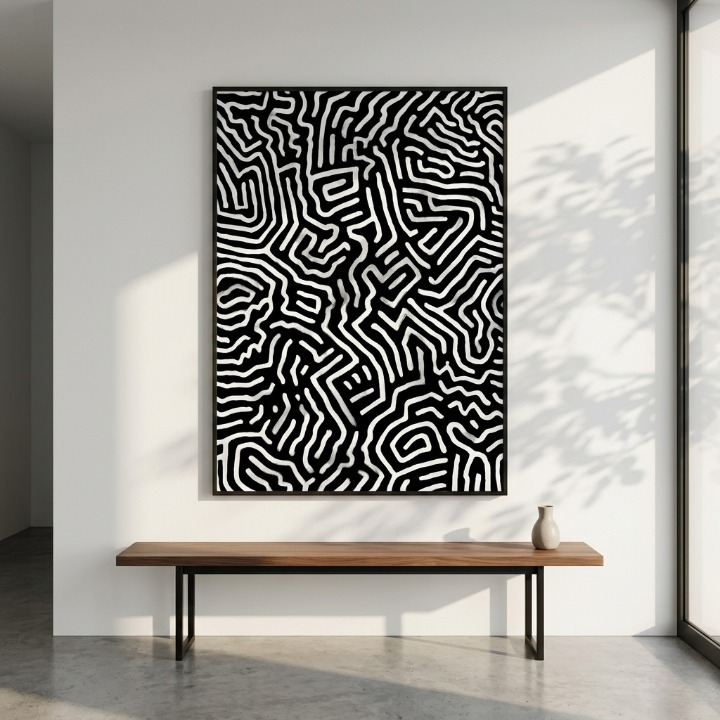 Modern Tribal Graffiti Maze - Black and White Abstract Digital Print