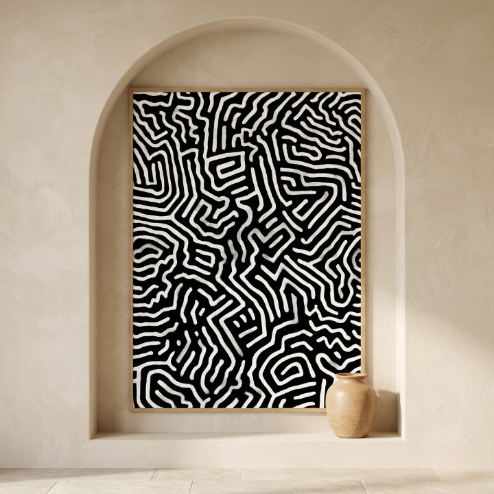Modern Tribal Graffiti Maze - Black and White Abstract Digital Print