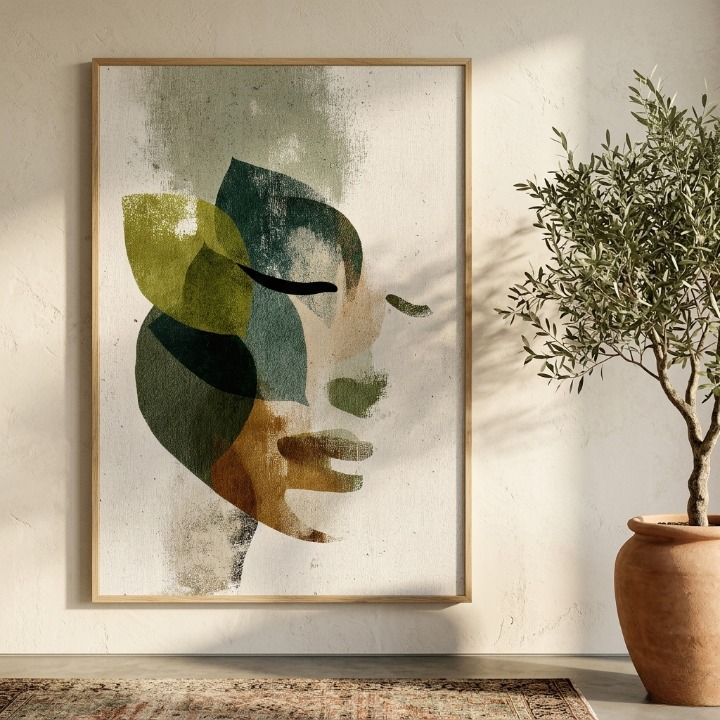 Abstract Botanical Female Portrait - Modern Sage Green & Earthy Tones Digital Wall Art
