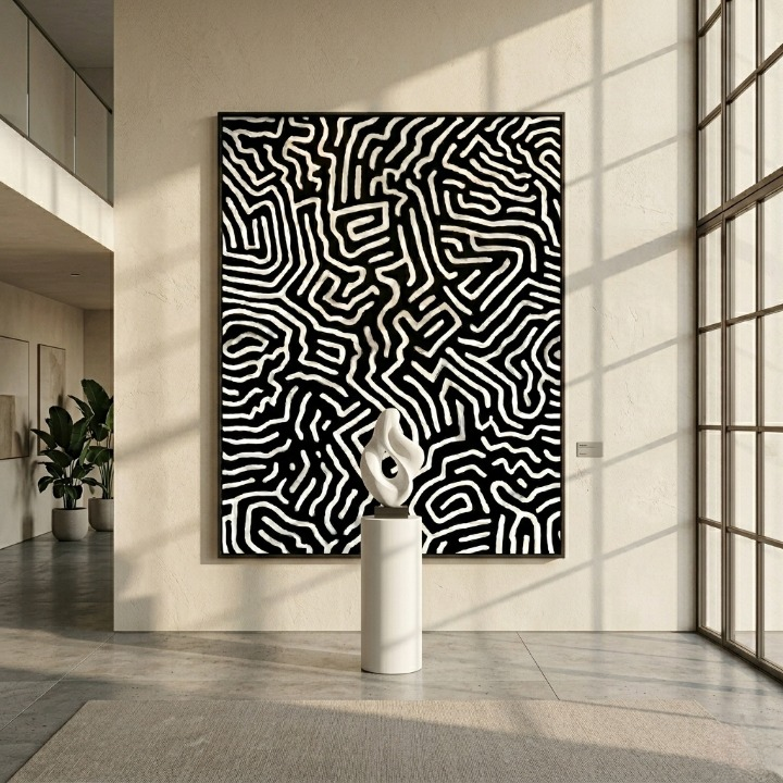 Modern Tribal Graffiti Maze - Black and White Abstract Digital Print